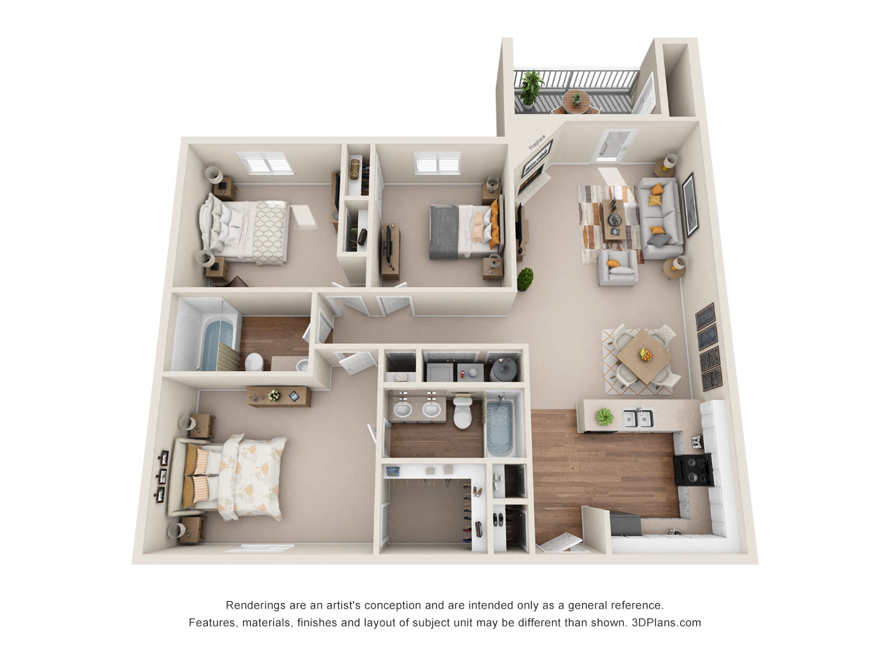 Floor plan for 3 beds, 2 baths, 1425 sqft